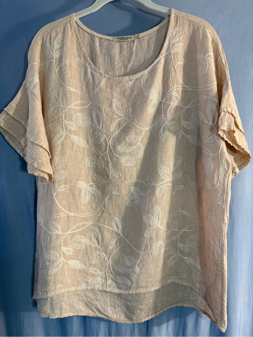 Valentina Naldi Cream Tan Embroidered Linen-Blend Top